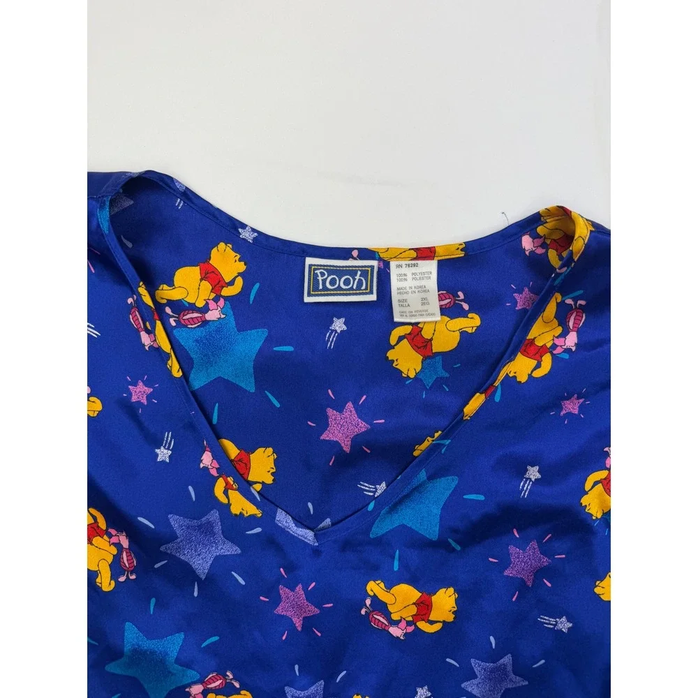 Vintage‎ Pooh Winnie the Pooh Satin Nightgown Blue Stars Piglet Sleep Shirt 2XL